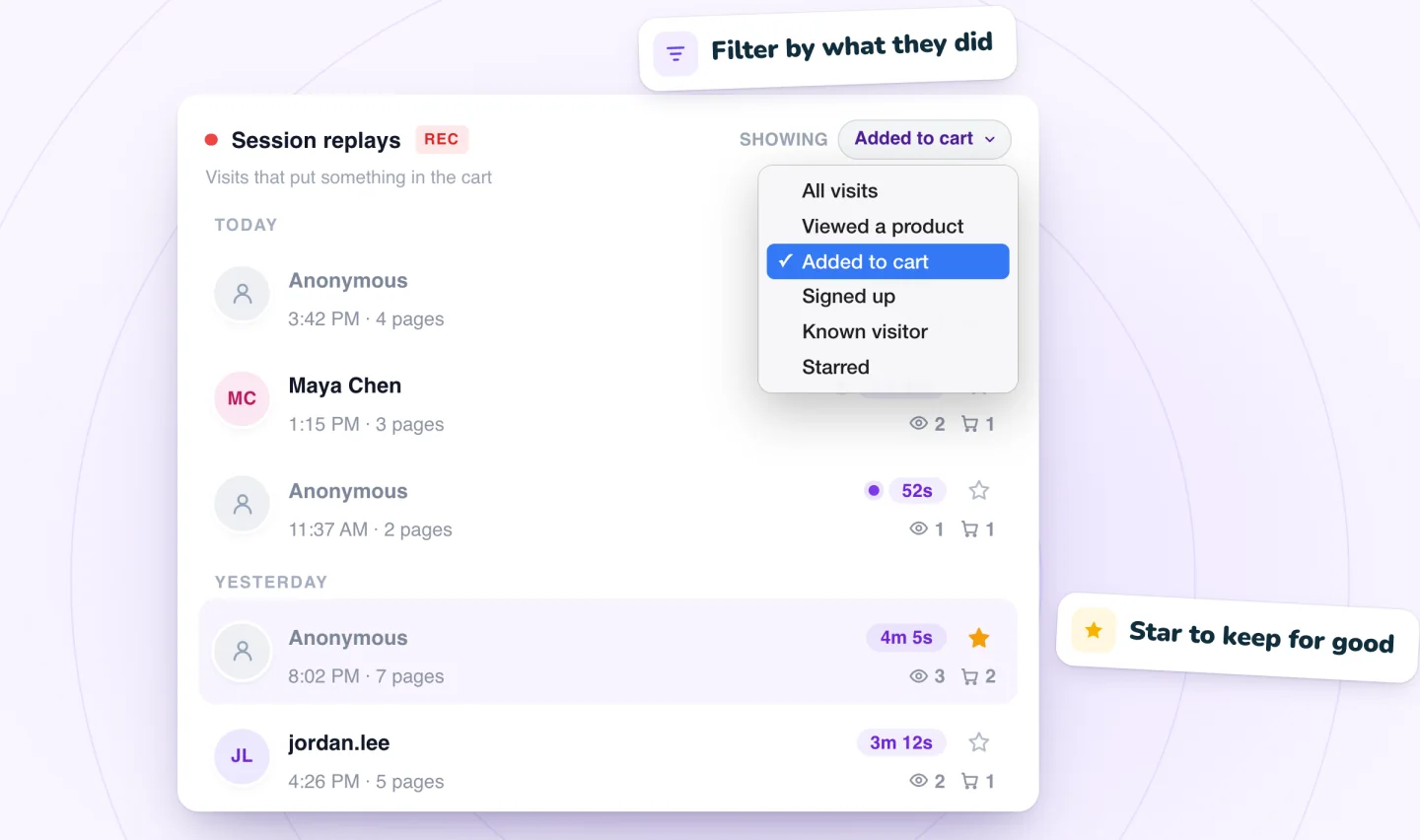 The replay list with the filter menu open