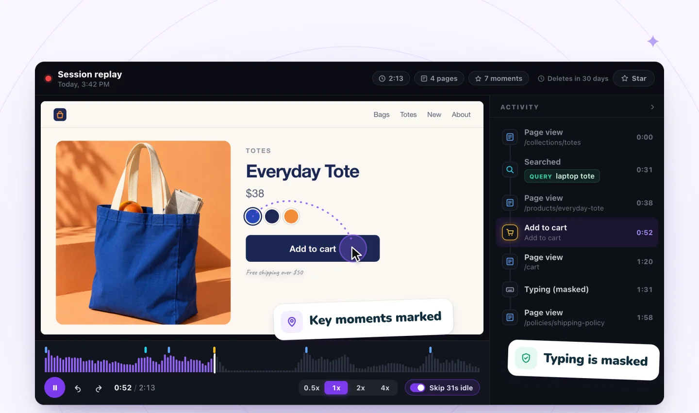 A session replay of a store visit with the Activity list and timeline