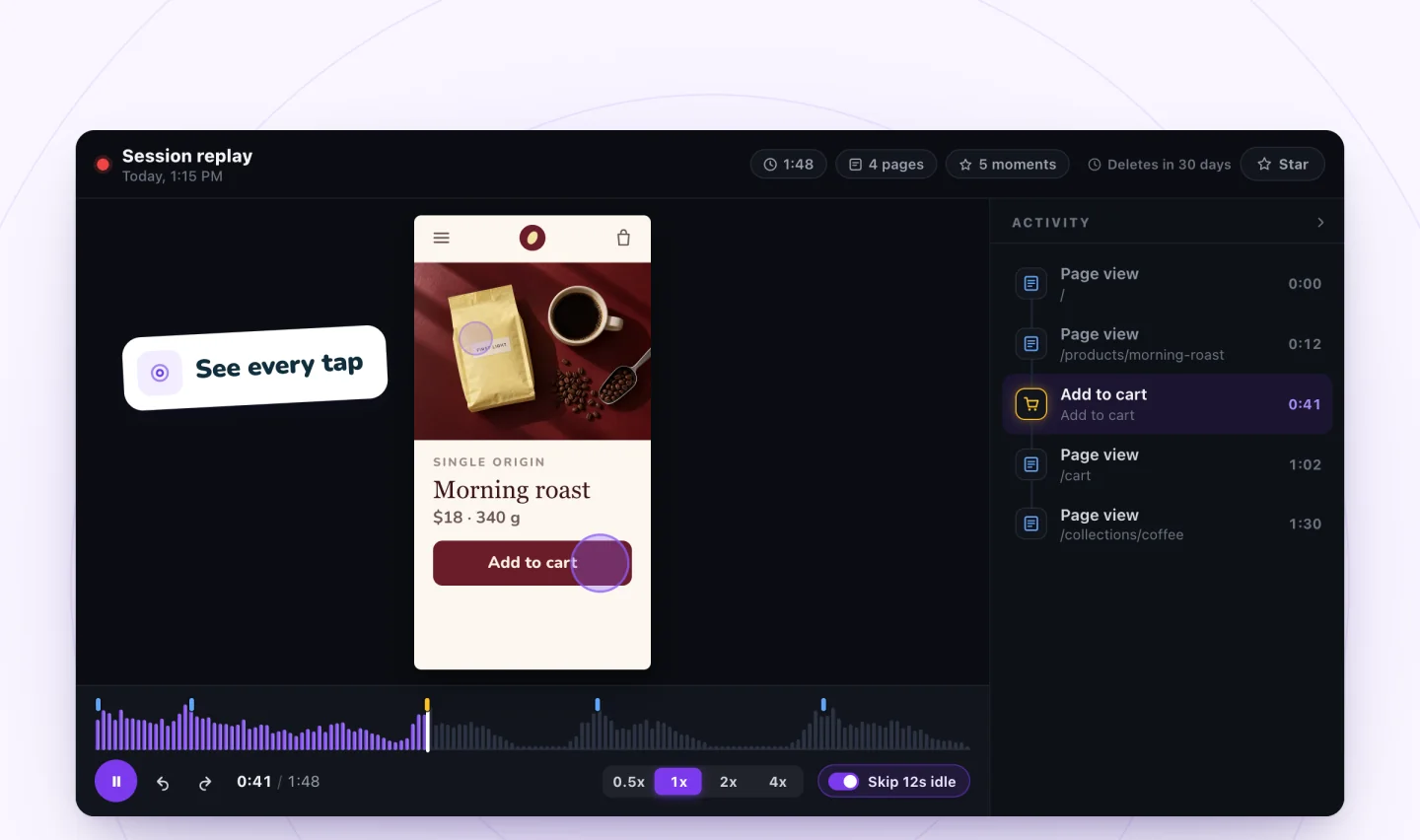 A phone visit replayed at phone size with a tap marked